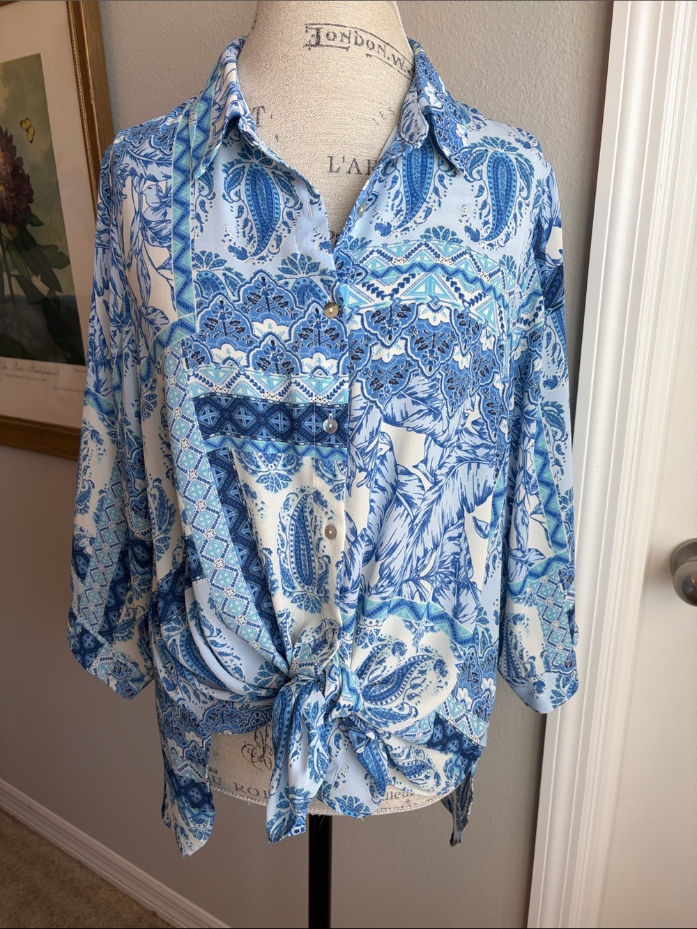 Rose & Olive Blue Paisley & Floral Button-Front Tie-Hem Shirt